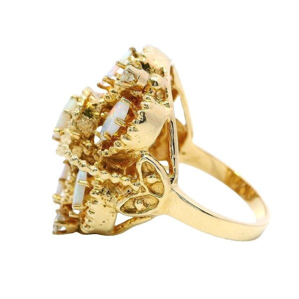 14K Yellow Gold 1970's 1.40ct Ethiopian Opal .20ct Diamond Milgrain Cluster Ring Size 8
