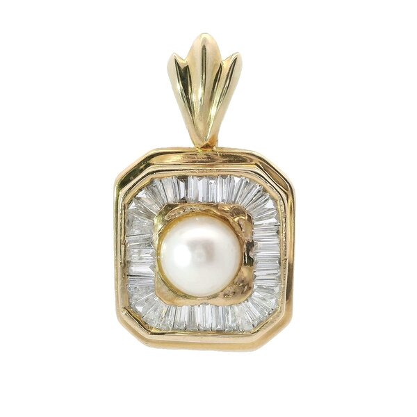 14K Yellow Gold 1970's 1.75ct Baguette Pearl Square Pendant