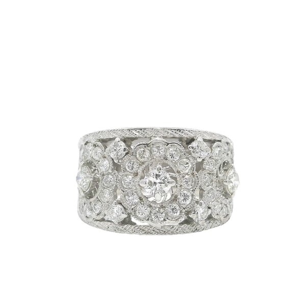 18K White Gold Estate 1.18ct Diamond Floral 12mm Band Size 5.5
