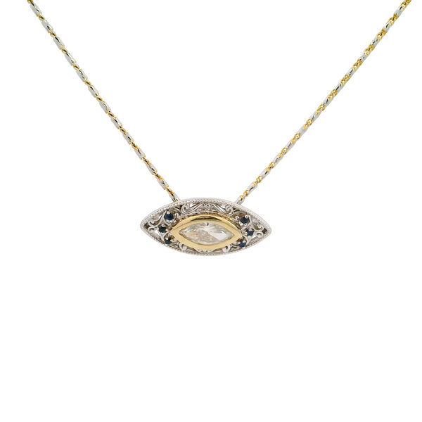 14K Yellow and White Gold Estate .58ct MQ Diamond .06ct Sapphire East To West Necklace 18"