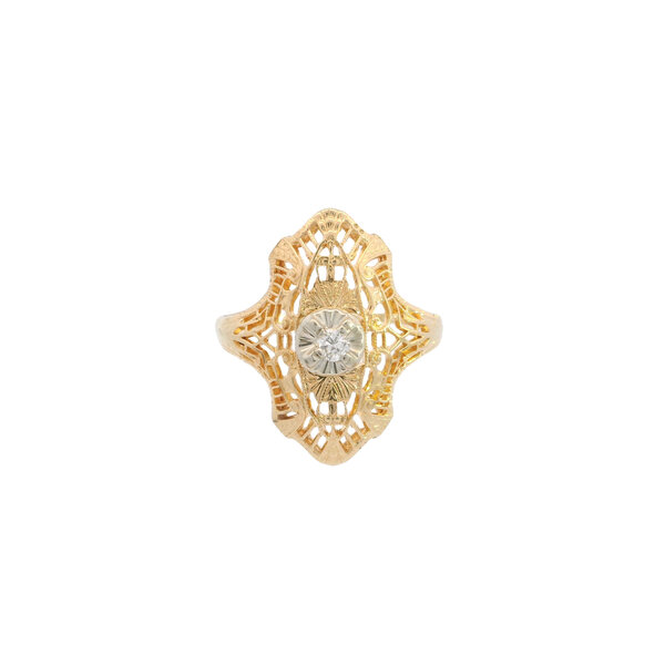 14K Yellow and White 1930's .10ct Diamond Filigree Navette Style Ring Size 6.5