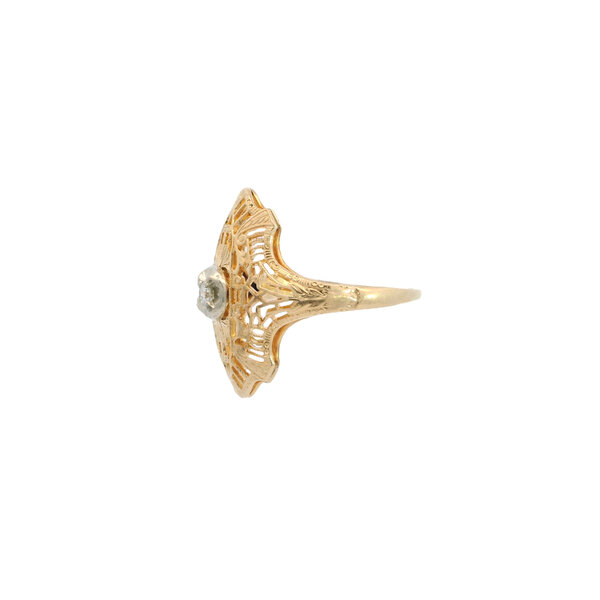 14K Yellow and White 1930's .10ct Diamond Filigree Navette Style Ring Size 6.5