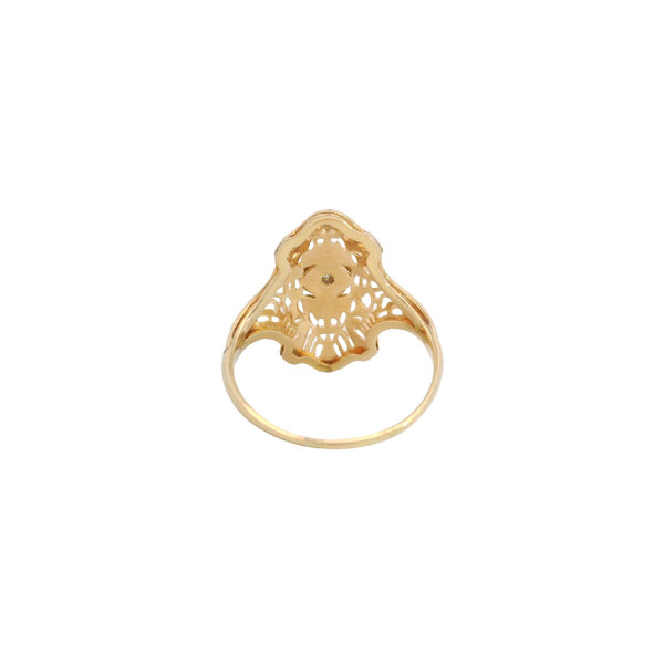 14K Yellow and White 1930's .10ct Diamond Filigree Navette Style Ring Size 6.5