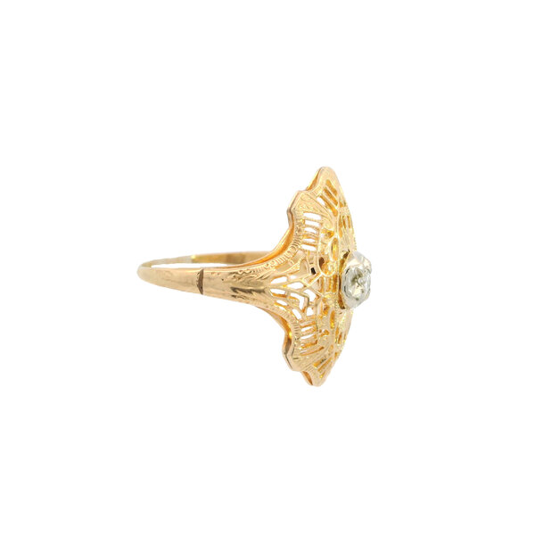 14K Yellow and White 1930's .10ct Diamond Filigree Navette Style Ring Size 6.5