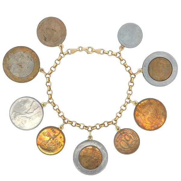 14K Yellow Gold and Sterling Silver Estate Italian Coin Charm Bracelet 7.25 Inches