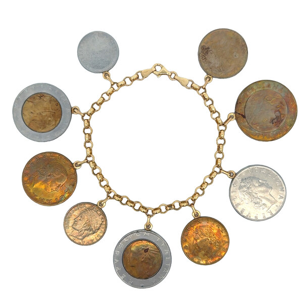 14K Yellow Gold and Sterling Silver Estate Italian Coin Charm Bracelet 7.25 Inches