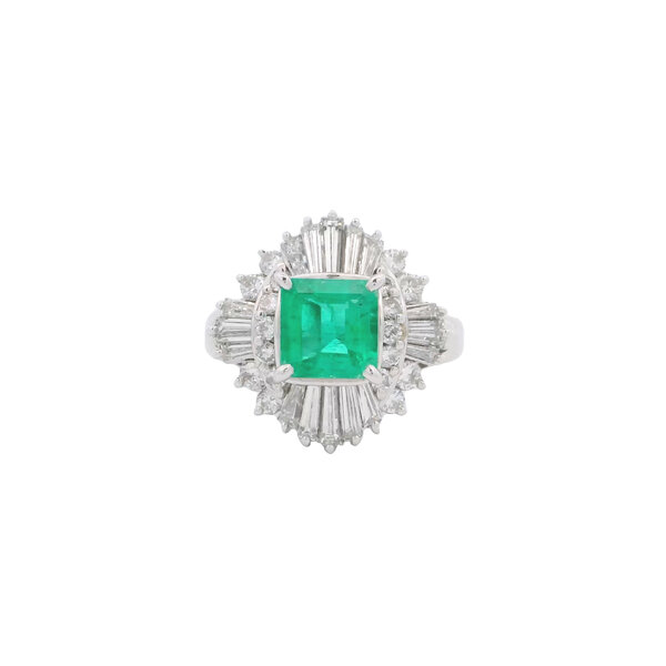 Platinum 1950's .98ct Columbian Emerald 1.12ct Diamond Ballerina Style Ring Size 6.25 GIA Certified