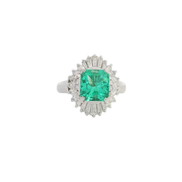 Platinum 1950's 1.55ct Columbian Emerald .63ct Diamond Ballerina Style Ring Size 5.75 GIA Certification
