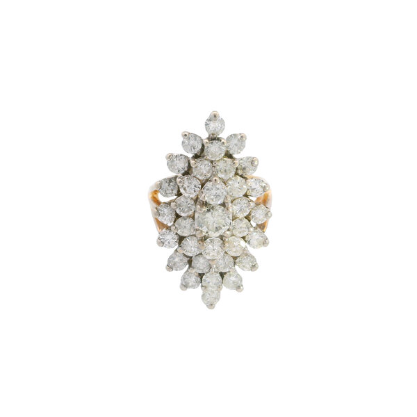14K Yellow & White Gold1960's 2.30ct Diamond Marquise Shaped Cluster Ring Size 4.5