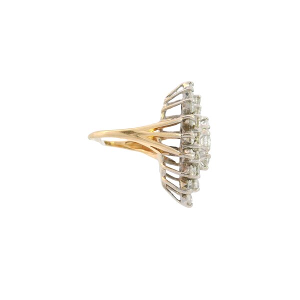 14K Yellow & White Gold1960's 2.30ct Diamond Marquise Shaped Cluster Ring Size 4.5