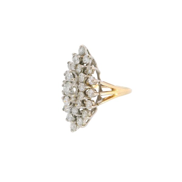 14K Yellow & White Gold1960's 2.30ct Diamond Marquise Shaped Cluster Ring Size 4.5