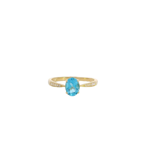 10K Yellow Gold .76ct Oval Swiss Blue Topaz .05ct Diamond Ring Size 6.5