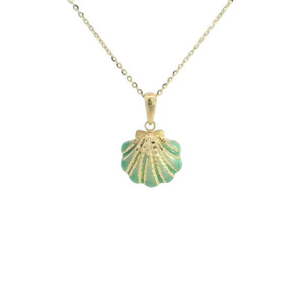 14K Yellow Gold Diamond Cut Blue Enameled Scallop Shell Necklace 18 inch