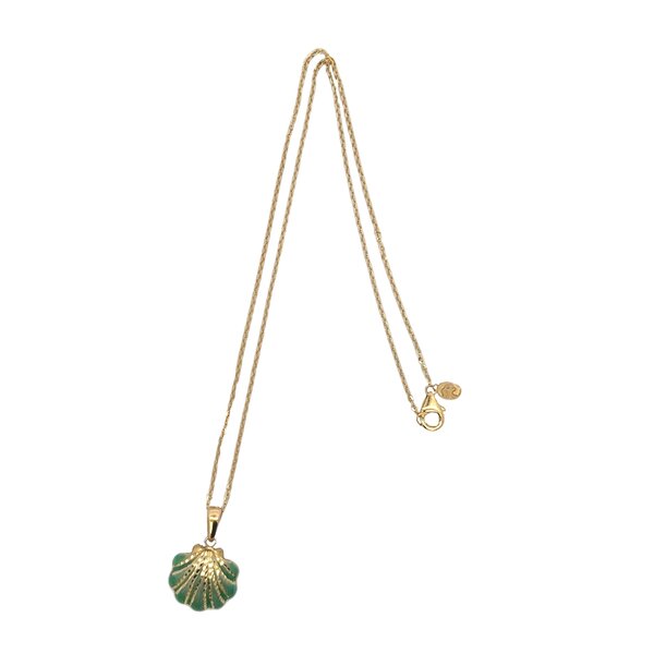 14K Yellow Gold Diamond Cut Blue Enameled Scallop Shell Necklace 18 inch