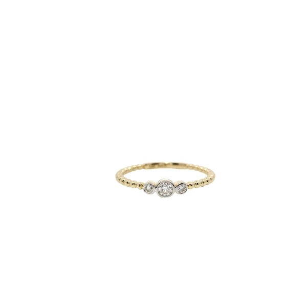 14K Yellow Gold .15ct Diamond Bezel Set Three Stone Beaded Band Size 7