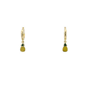 14KY 10x2MM Huggie Hoops with Green/Yellow Enamel Pineapple Charm