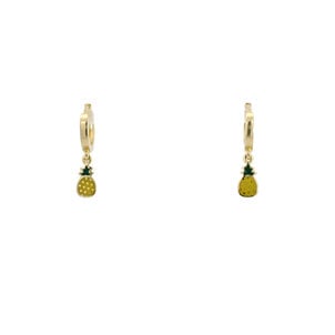 Sale 14KY 10x2MM Huggie Hoops with Green/Yellow Enamel Pineapple Charm