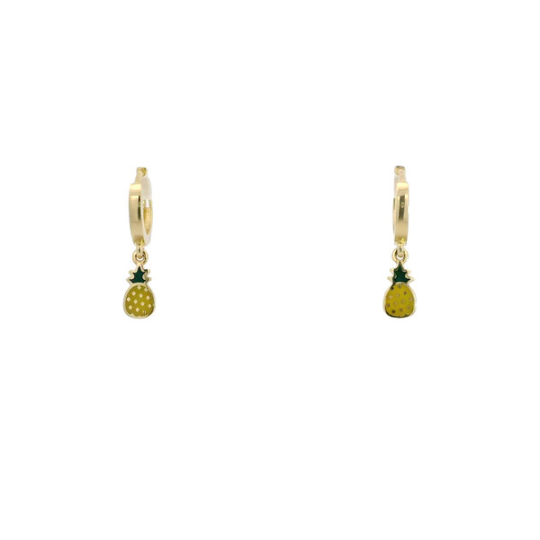 14K Yellow Gold 10x2mm Huggie Hoops with Green/Yellow Enamel Pineapple Charm
