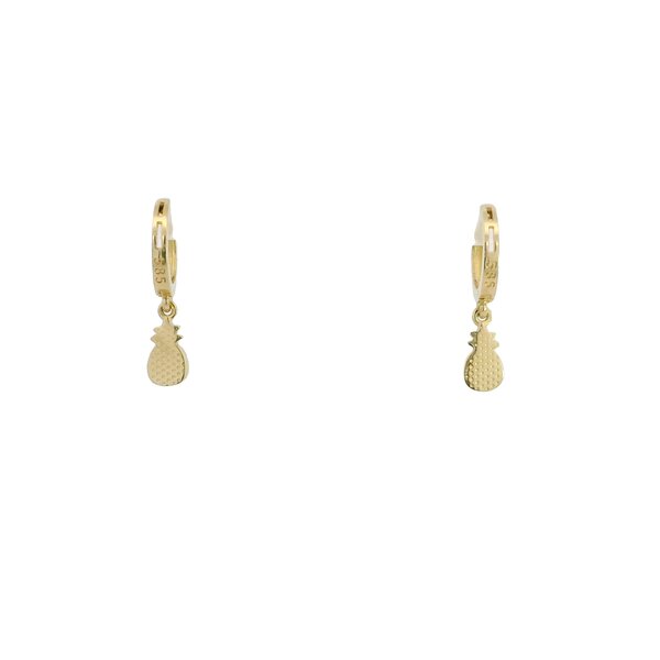14K Yellow Gold 10x2mm Huggie Hoops with Green/Yellow Enamel Pineapple Charm