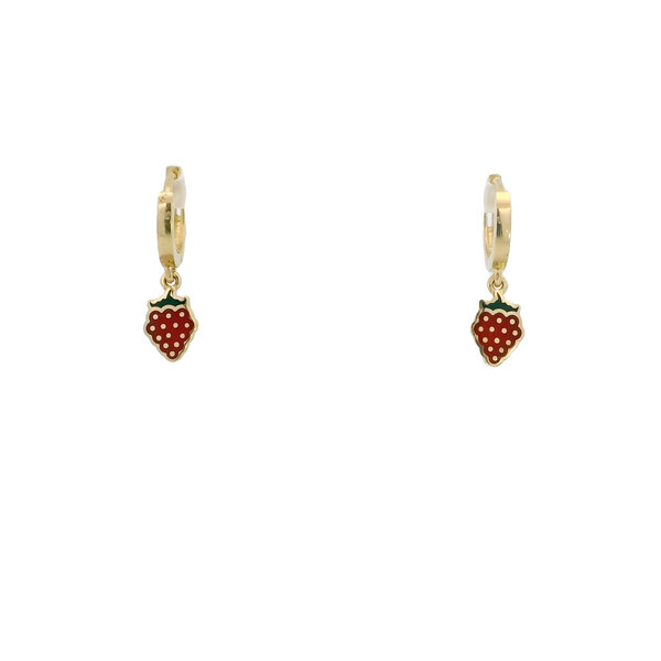 14K Yellow Gold 10x2mm Huggie Hoops with Green/Red Strawberry Charm