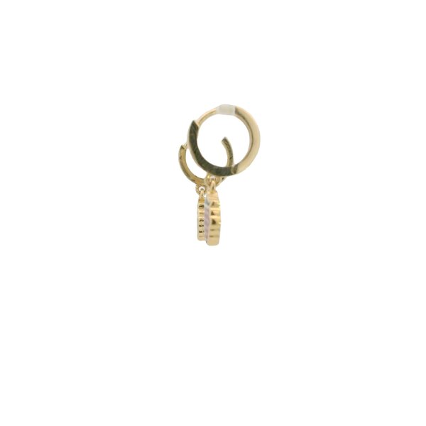 14K Yellow Gold 10x2mm Huggie Hoops with Green/Red Strawberry Charm