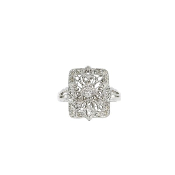 14K White Gold 1930's .25ct Diamond Square Filigree Ring Size 6
