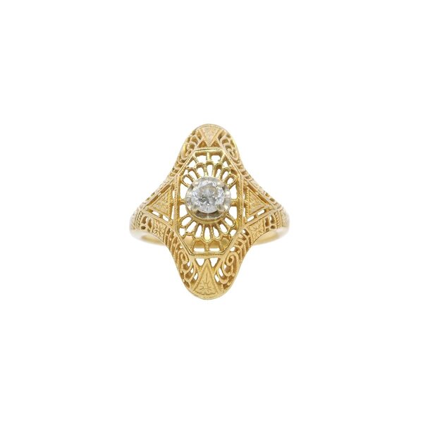 14K Yellow & White Gold 1950's .15ct Ct Filigree Navette Ring Size 8.25