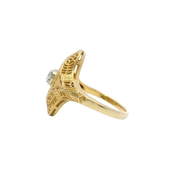 14K Yellow & White Gold 1950's .15ct Ct Filigree Navette Ring Size 8.25