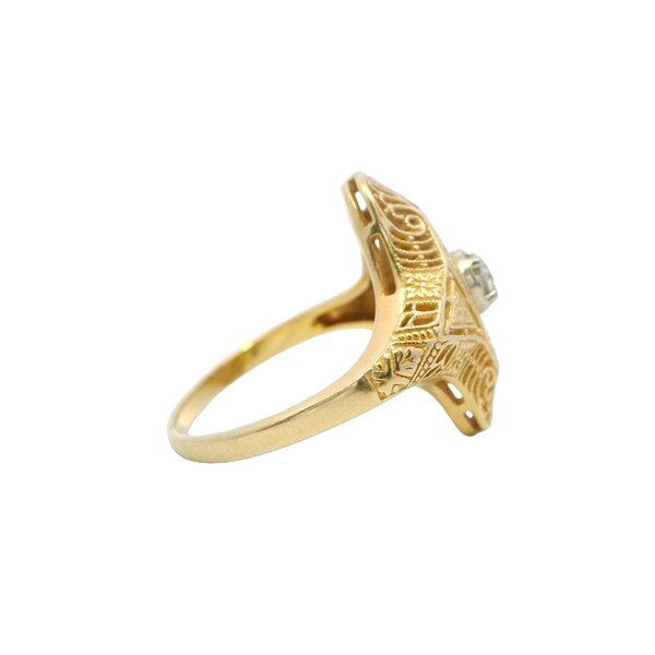 14K Yellow & White Gold 1950's .15ct Ct Filigree Navette Ring Size 8.25
