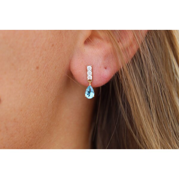 14K Yellow Gold .85ct Swiss Blue Topaz .22ct Diamond Bar Post Dangle Earrings