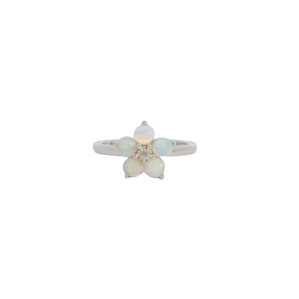 14K White Gold Flower Cluster .75ct Cabochon Opals .01ct Diamond Ring Size 7