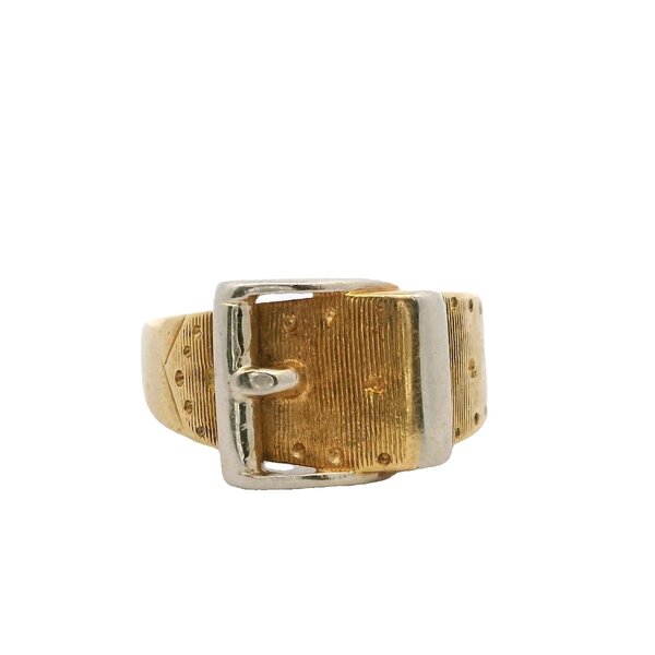 18K Yellow and White Gold 1960's 9mm Textured Buckle Band Size 7