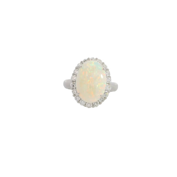 Platinum 1960's 3.48ct Oval Australian Opal .84ct Dia Halo Ring Size 5.25