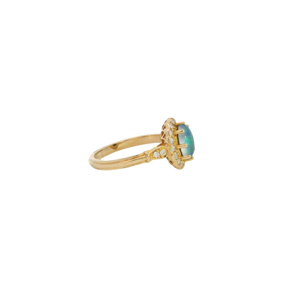 14K Yellow Gold .99ct Oval Cab Australian Opal .33ct Diamond Ring Size 6.5