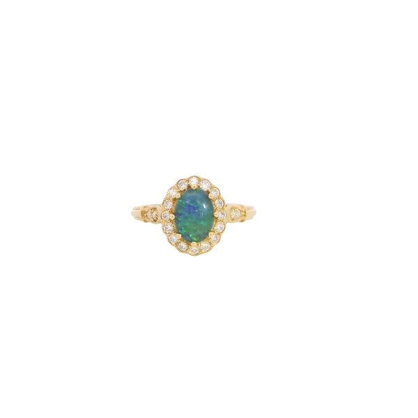 14K Yellow Gold .99ct Oval Cab Australian Opal .33ct Diamond Ring Size 6.5
