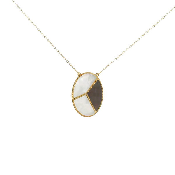 14K Yellow Gold Black & White Oval Mother of Pearl Split Chain 18"