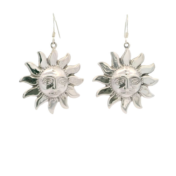 Sterling Silver Textured 50x33mm Sun Dangle Earrings