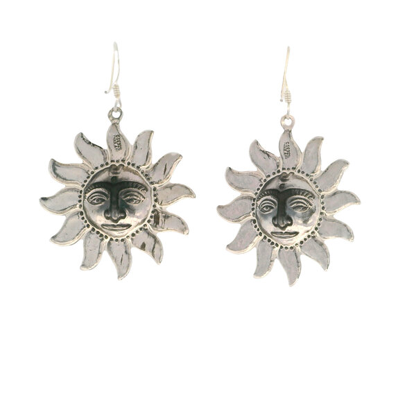 Sterling Silver Textured 50x33mm Sun Dangle Earrings