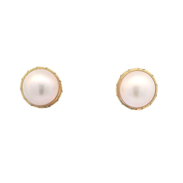 14K Yellow Gold 1970's Textured Edge 14mm Mabe Pearl Post Earrings
