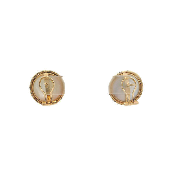 14K Yellow Gold 1970's Textured Edge 14mm Mabe Pearl Post Earrings