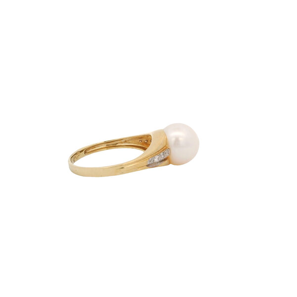 14K Yellow Gold 9.5mm White Freshwater Pearl .10ct Diamond Ring Size 8