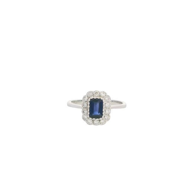 14K White Gold .70ct Emerald Cut Sapphire .30ct Diamond Milgrain Halo Ring Size  6.5
