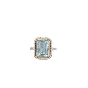 14KWY 4.06ct Em Cut Aquamarine .53ct Dia Ring Sz 7.5