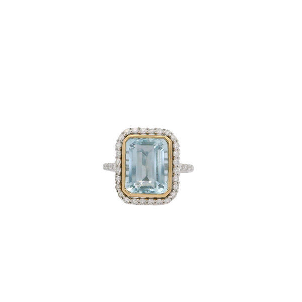 14K White and Yellow Gold 4.06ct Emerald Cut Aquamarine & .53ct Diamond Ring Size 7.5