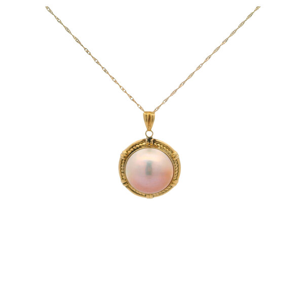 18K Yellow Gold 1970's 14.5mm Pink Mabe Pearl Necklace 16.5"