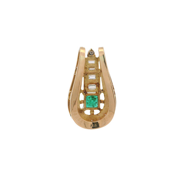 18K Yellow Gold 1970's 1.36ct Diamond .75ct Emerald Structural Pendant
