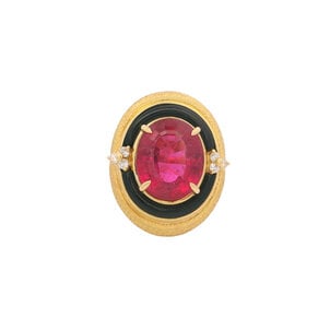 Sale 18KY 1970's 10.05ct Rubellite .14ct Dia Blk Onyx Textured Ring Sz 7.25