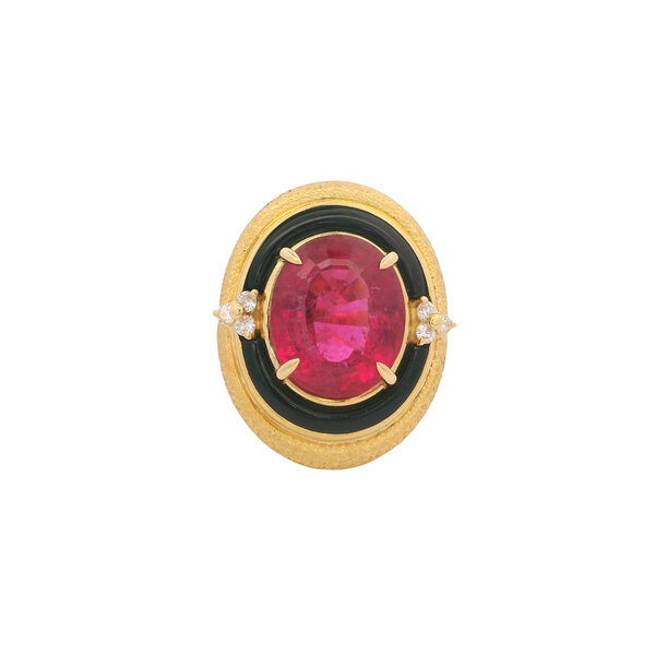 18K Yellow Gold 1970's 10.05ct Rubellite .14ct Diamond Black Onyx Textured Ring Size  7.25
