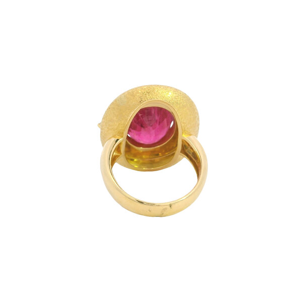 18K Yellow Gold 1970's 10.05ct Rubellite .14ct Diamond Black Onyx Textured Ring Size  7.25