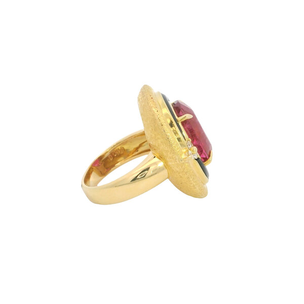 18K Yellow Gold 1970's 10.05ct Rubellite .14ct Diamond Black Onyx Textured Ring Size  7.25